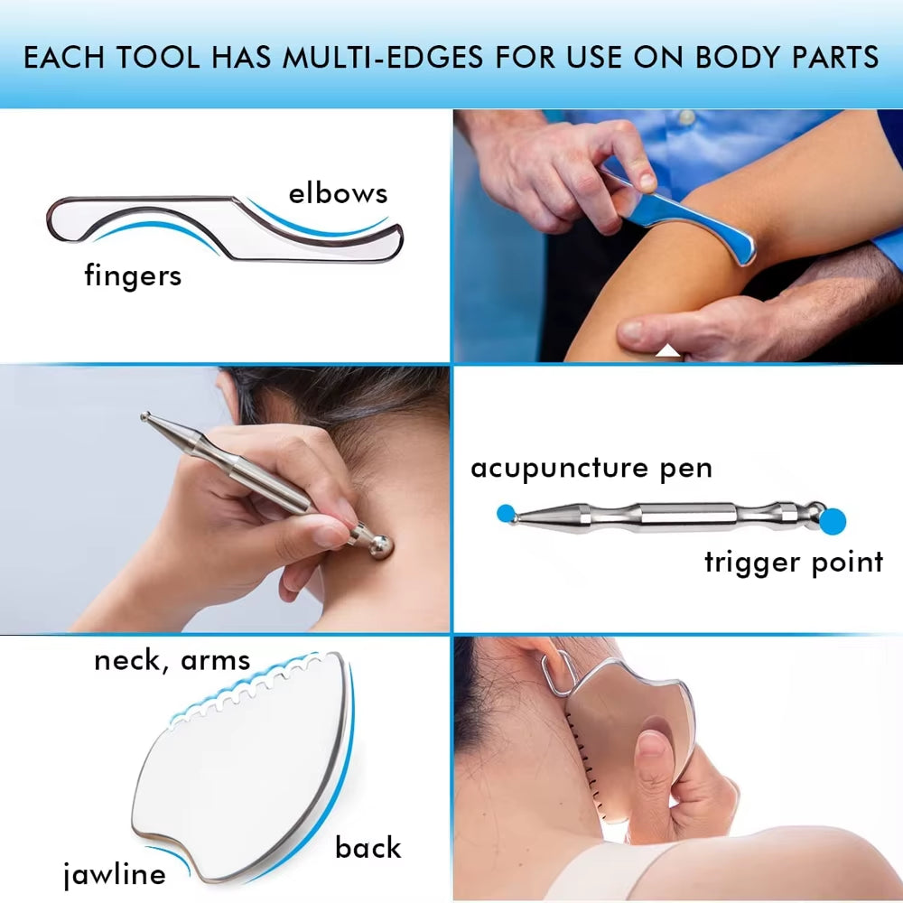 7PCS IASTM Stainless Steel Gua Sha Scraping Tools Muscle Scraper for Soft Tissue Physical Therapy Neck Face Body Massage Tools