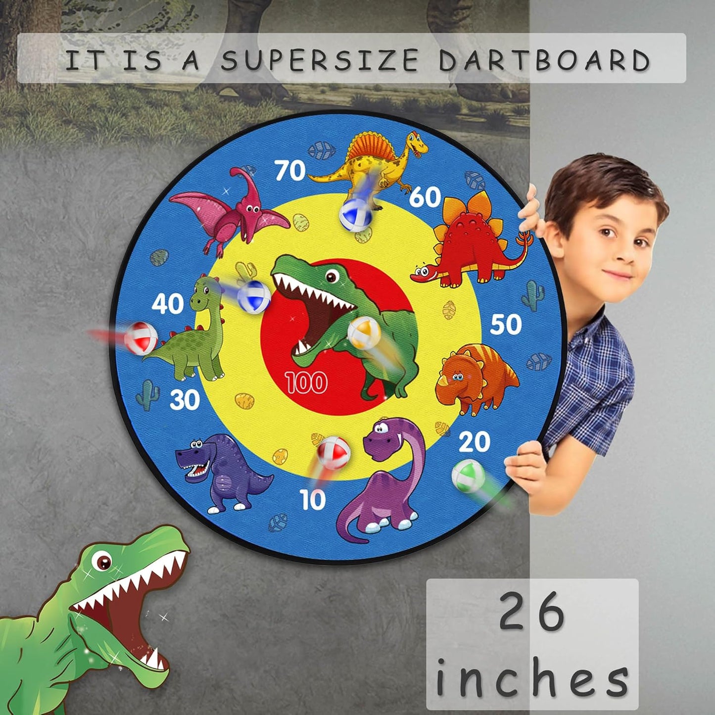 Board Games Set, Dart Board for Kids with 12 Sticky Balls, Darts Board Set with Hook, Safe & Classic Toy Gift for Boys Girls Ages 3-Year-Old and Up, 26 Inches