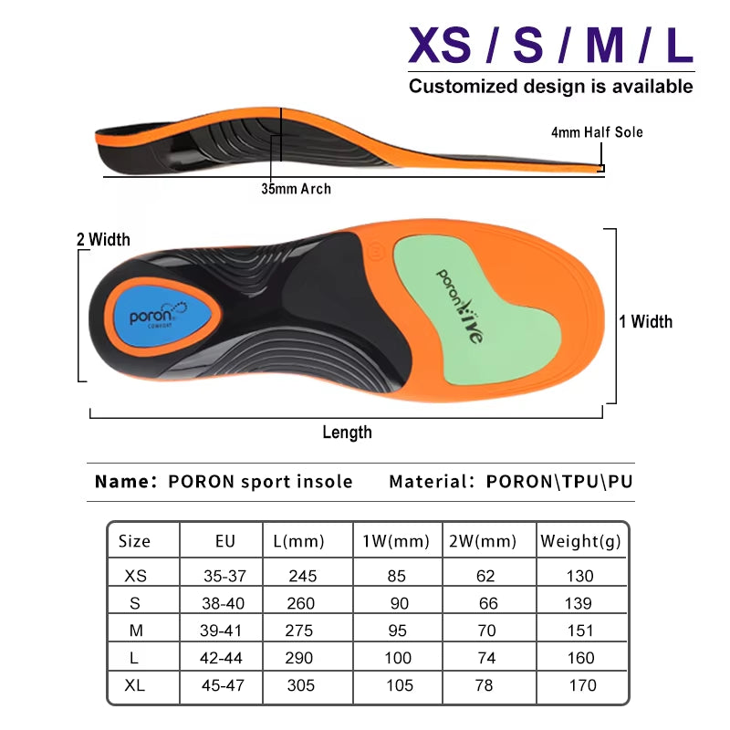 PORON VIVE Pro Orthotics - Elastic+Shock Pads for Flat Feet Arch Support & Sports Injury Prevention