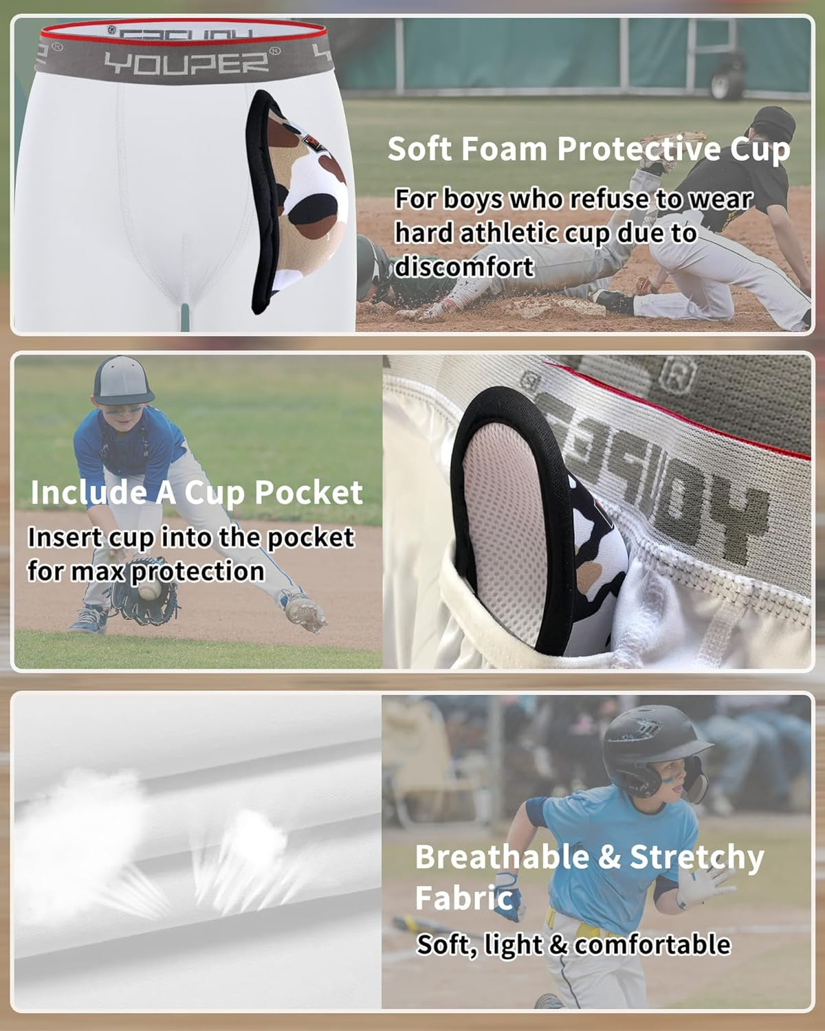 Youth Brief W/Soft Athletic Cup, Boys Underwear W/Baseball Cup Youth & Peewee