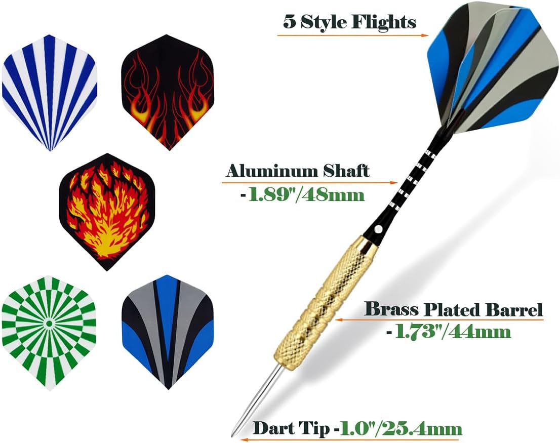 (18 Grams) -  15 Pack Steel Tip Darts 18 Grammes with Aluminium Shafts and 5 Style Flights + Extra Dart Sharpener