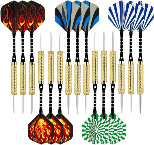 (18 Grams) -  15 Pack Steel Tip Darts 18 Grammes with Aluminium Shafts and 5 Style Flights + Extra Dart Sharpener
