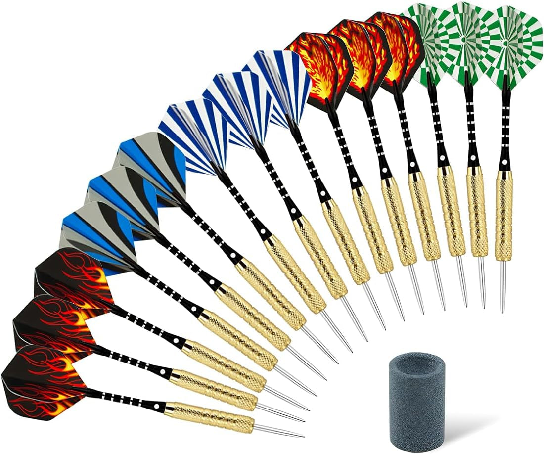(18 Grams) -  15 Pack Steel Tip Darts 18 Grammes with Aluminium Shafts and 5 Style Flights + Extra Dart Sharpener